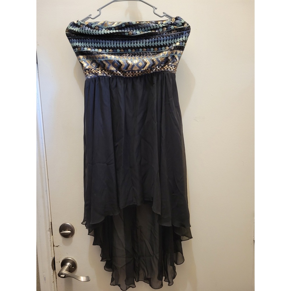 As You Wish Sequin Low Dress Black Gold Blue Tribal Embellished Chiffon #207 - Picture 2 of 10